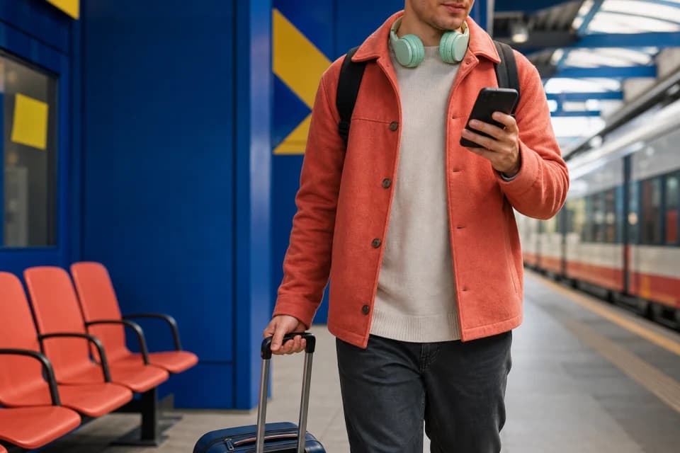 Traveler checking a phone while crossing a train station