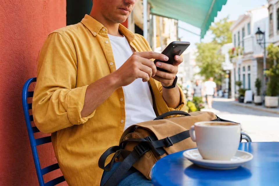 Traveler checking a phone in a bright city cafe