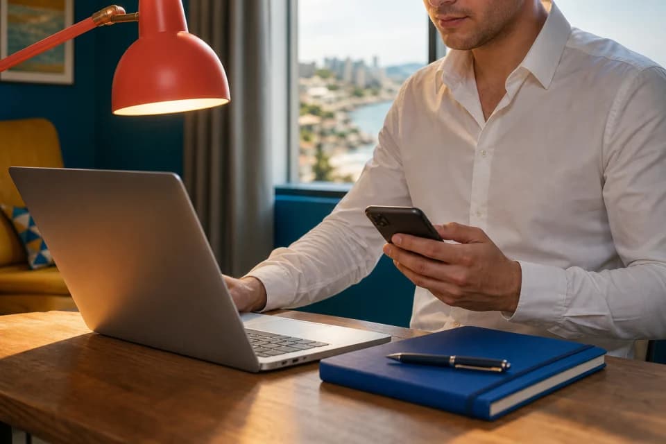 Remote worker using a laptop and phone while traveling