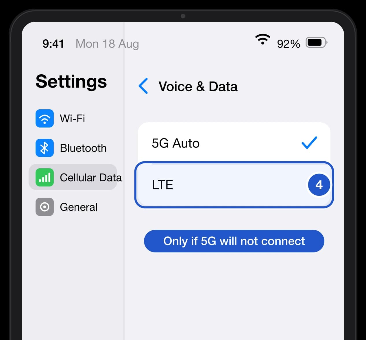 iPad Voice & Data screen with LTE highlighted below 5G Auto.