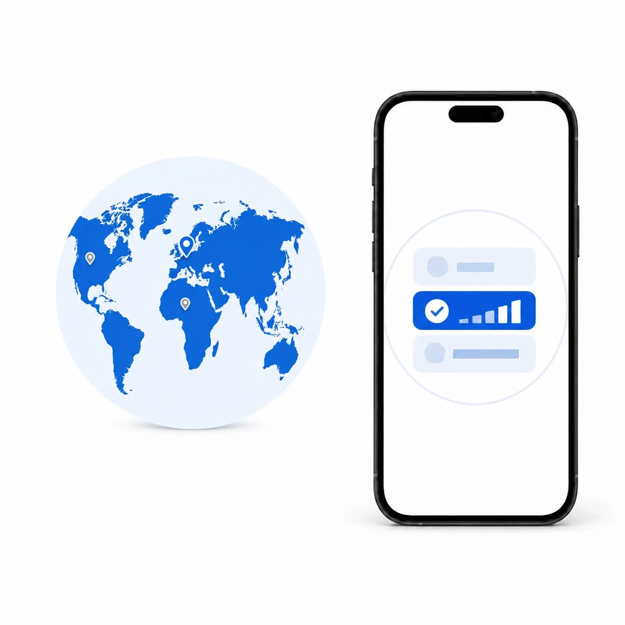 A world map with destination markers and a phone showing a selected travel data plan