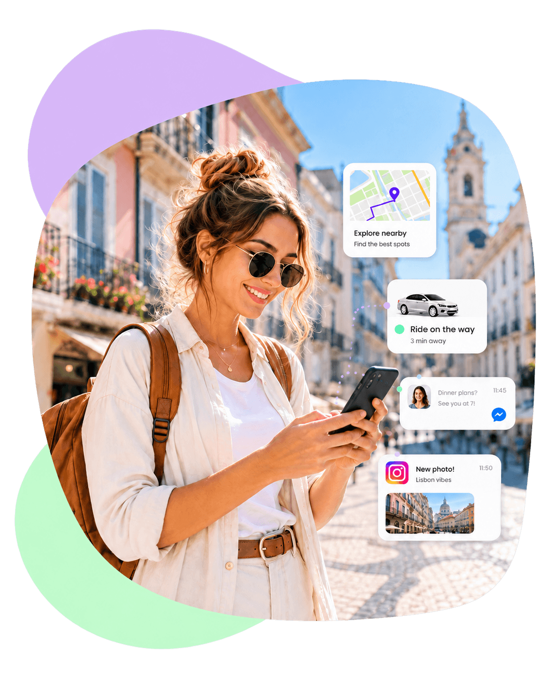 A traveler using her phone on a city street abroad