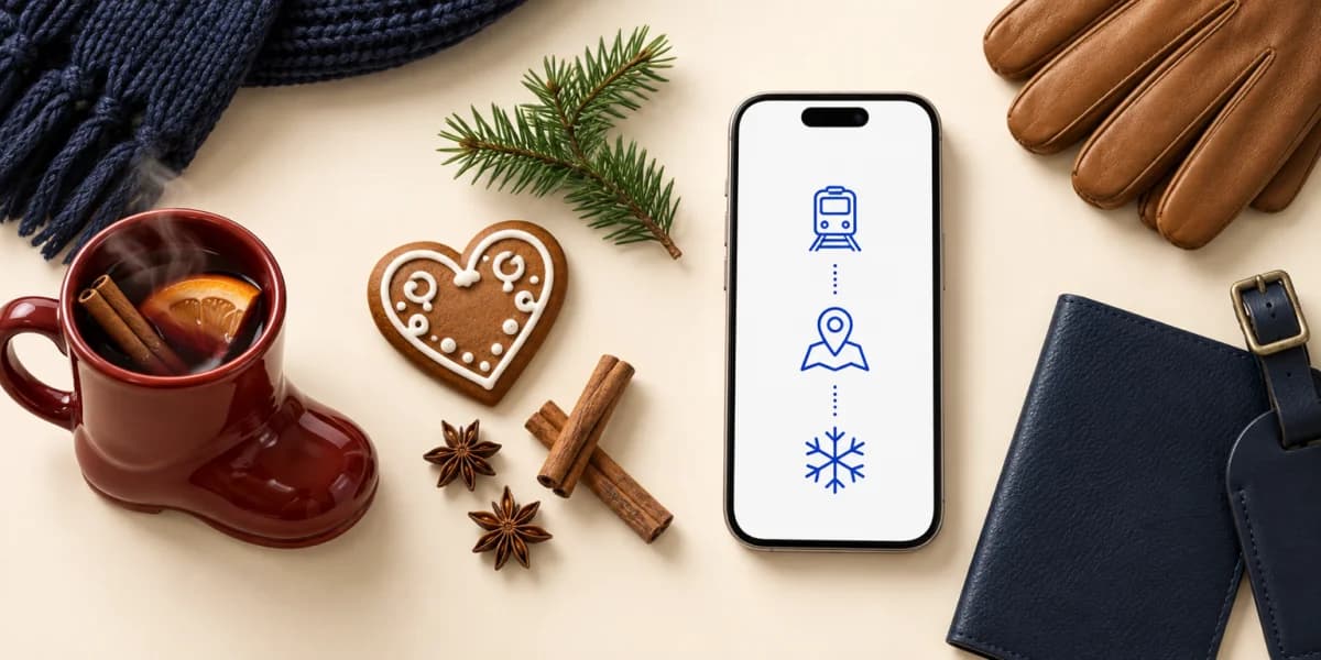 A phone on a cream surface beside a steaming red boot-shaped mug of mulled wine, a gingerbread heart, cinnamon sticks, a fir sprig, leather gloves, a navy scarf and a navy passport, its screen showing a train, a map pin and a snowflake