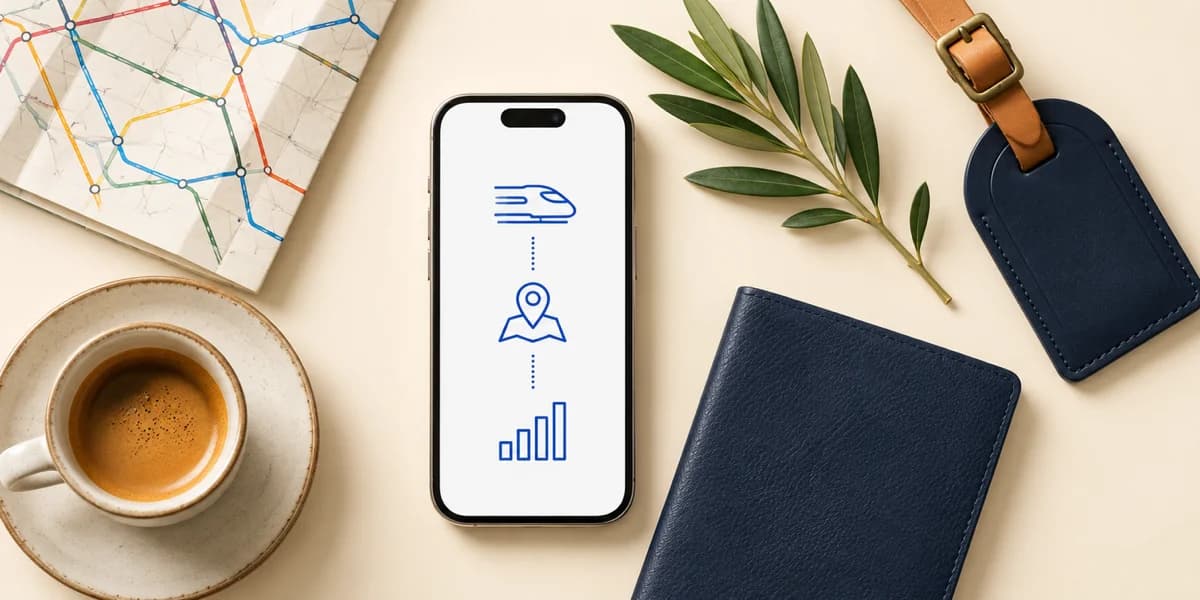 A phone on a cream surface beside a folded rail map, an espresso cup, an olive sprig, a navy passport and a navy leather luggage tag, its screen showing a high-speed train, a map pin and signal bars