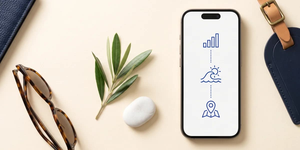 A phone on a cream surface beside tortoiseshell sunglasses, an olive sprig, a white pebble and a navy leather luggage tag, its screen showing signal bars, a sea wave with a sun and a map pin