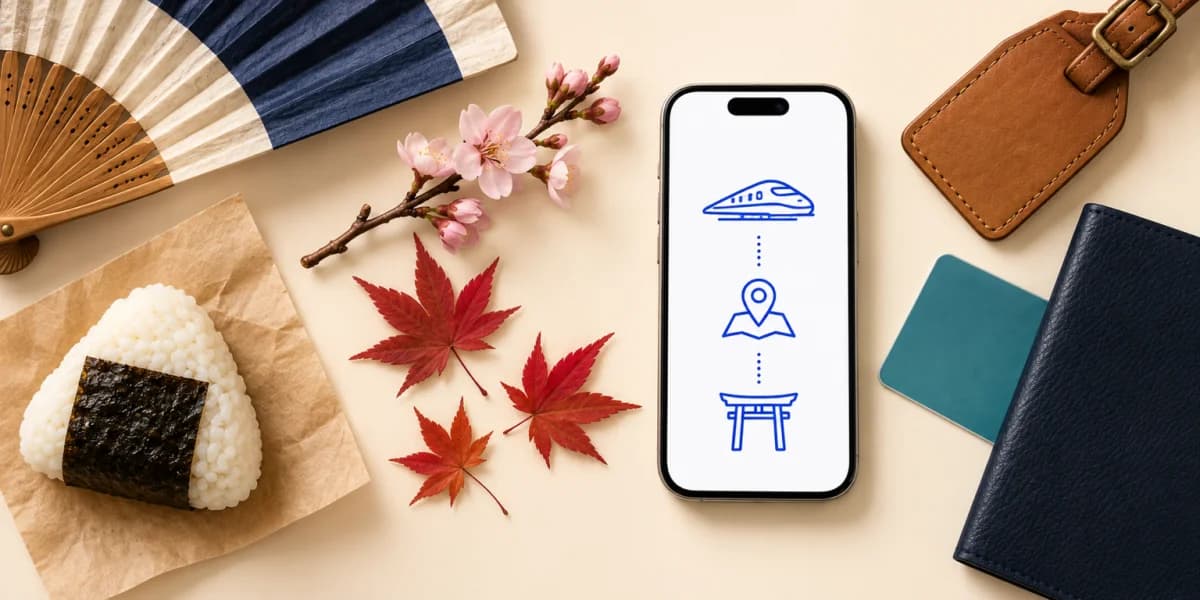 A phone on a cream surface beside a rice ball wrapped in nori, a folded indigo paper fan, a cherry blossom sprig, red maple leaves, a teal transit card, a tan leather luggage tag and a navy passport, its screen showing a bullet train, a map pin and a torii gate