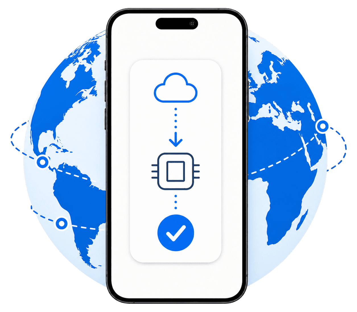 A phone showing an easy eSIM installation in front of a globally connected globe