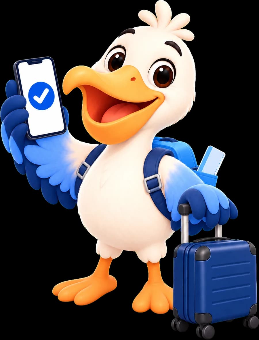 Pele the Pelesim pelican with his suitcase, holding up a phone showing a checkmark