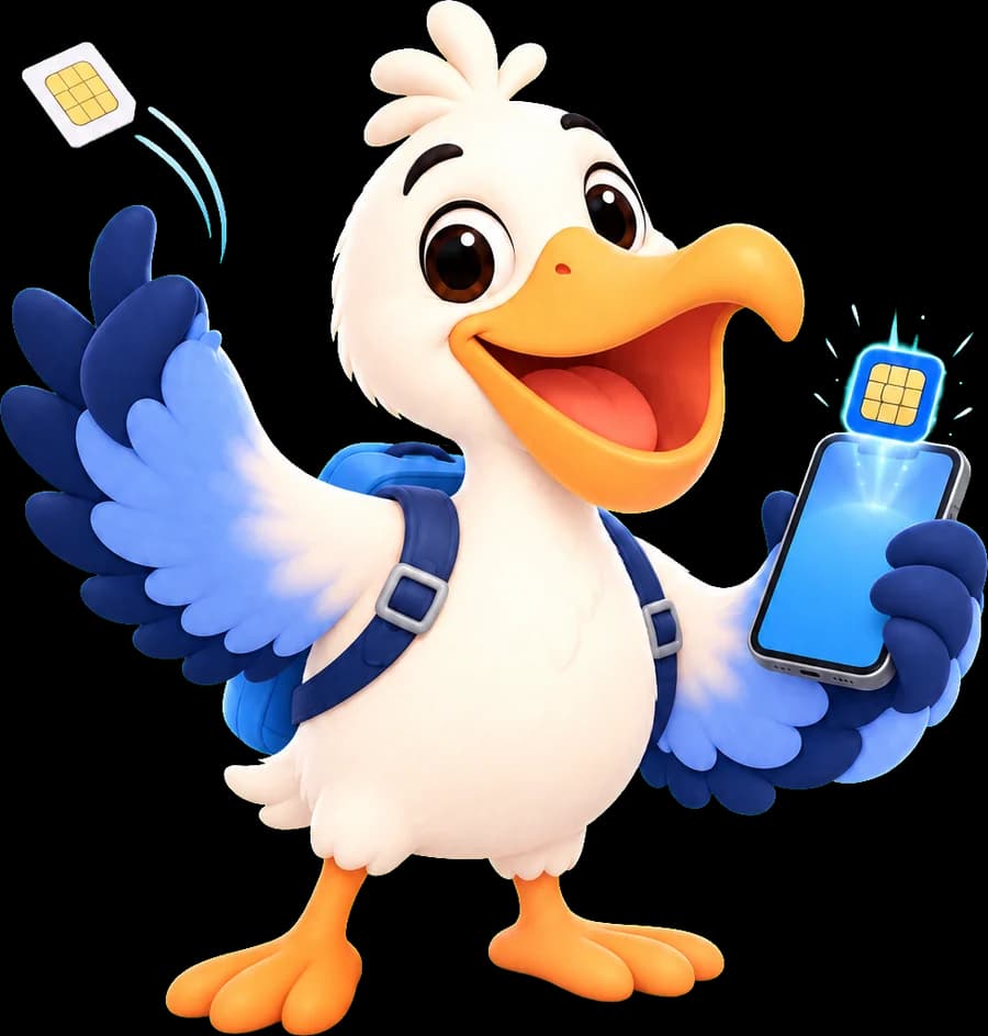 Pele the Pelesim pelican tossing away a plastic SIM card while an eSIM glows above his phone