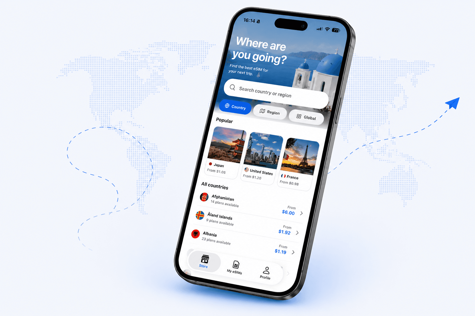 The Pelesim app showing popular destinations and plan prices