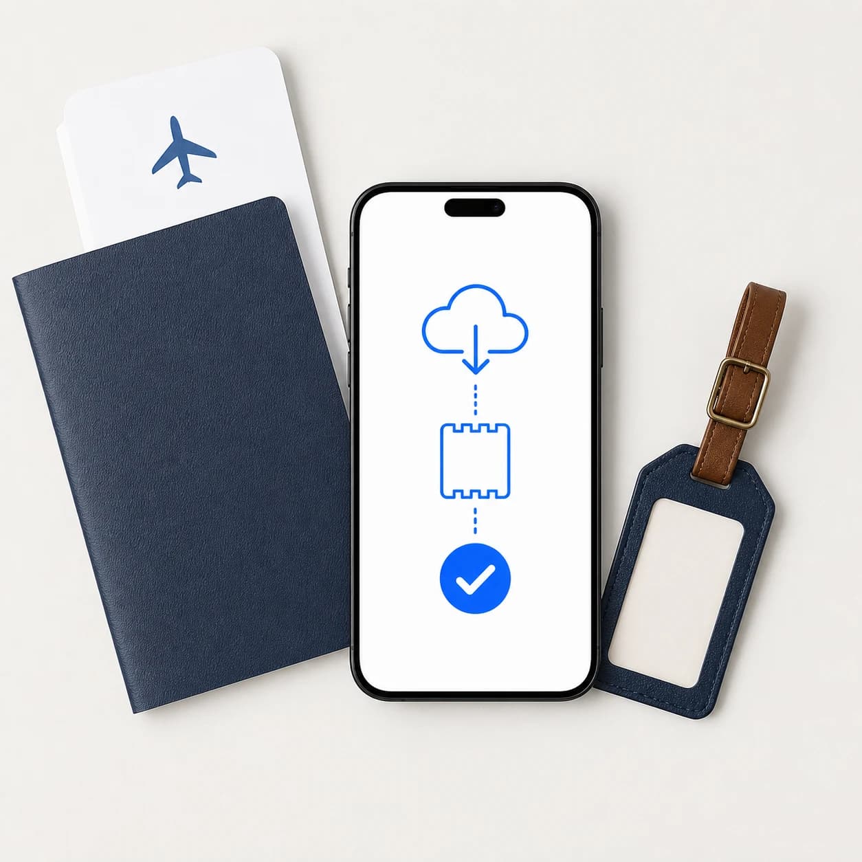 A travel eSIM installed on a phone beside a passport, boarding pass, and luggage tag