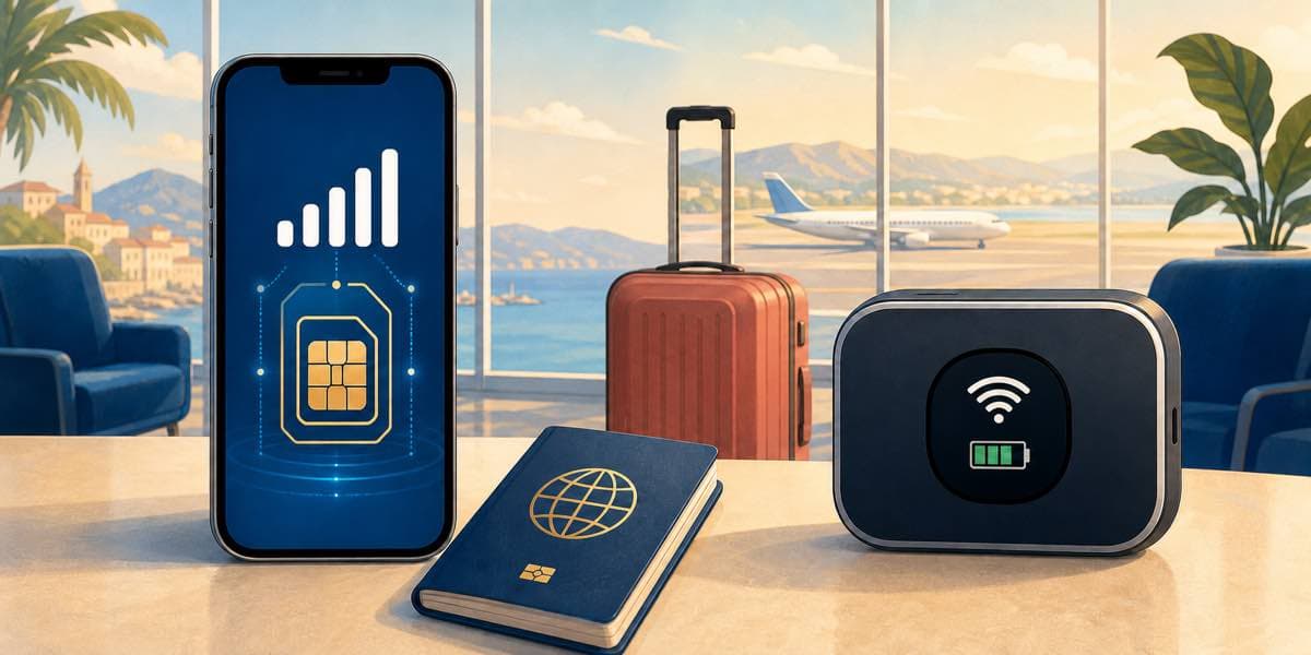 A travel eSIM on a smartphone beside a pocket WiFi router in an airport lounge