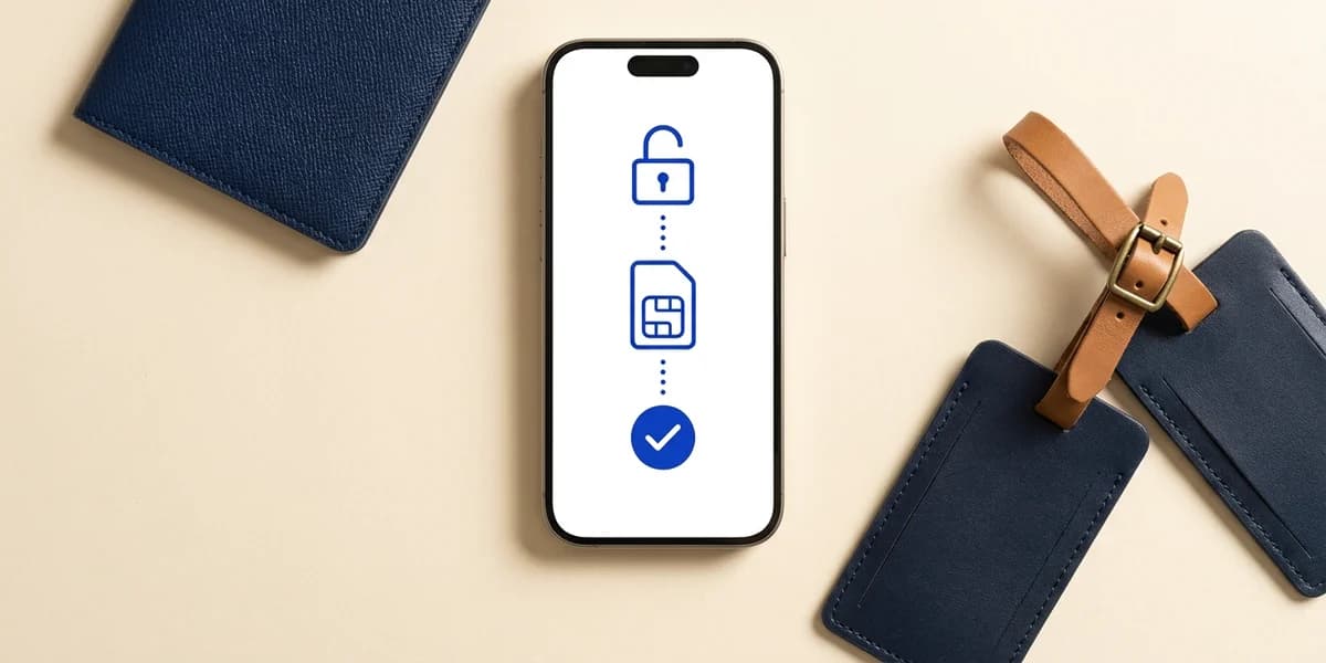 A phone lying on a cream surface between a navy passport and a leather luggage tag, its screen showing an open padlock, a SIM chip, and a blue checkmark
