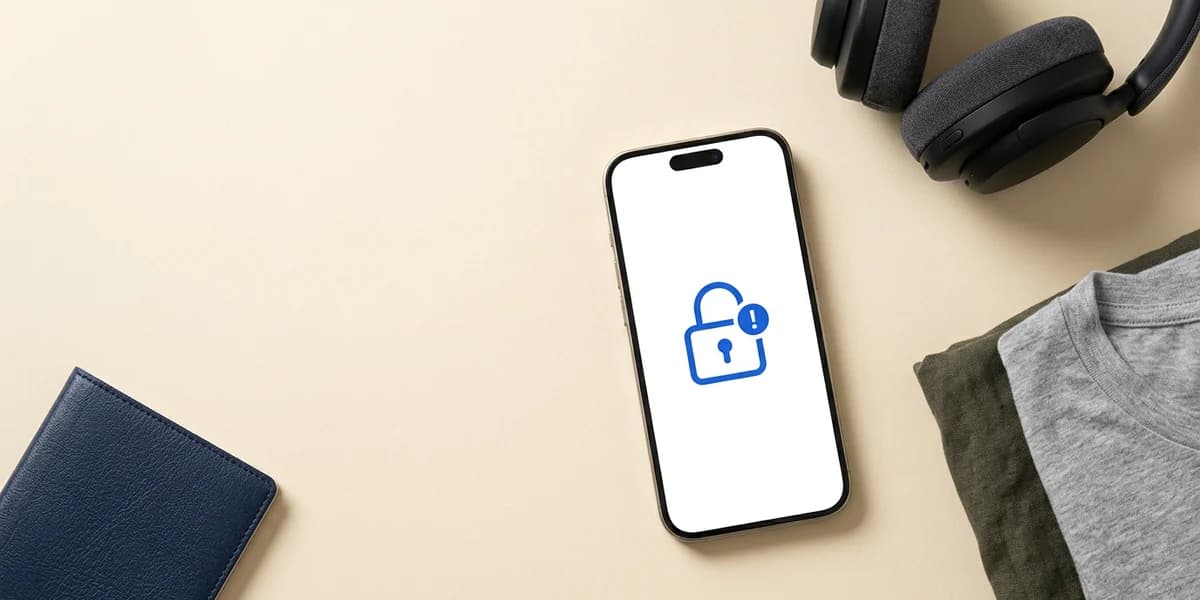 A phone among packed travel things, its screen showing a padlock icon with a warning badge