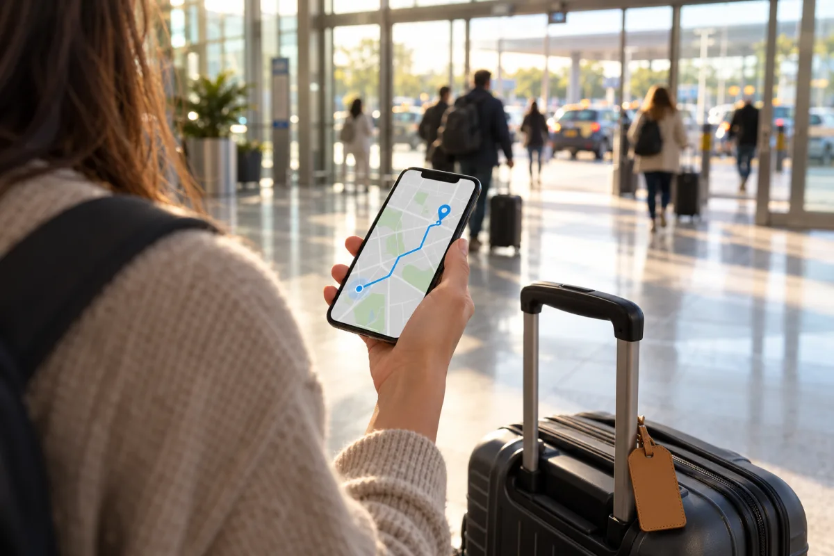 A traveller in an airport arrivals hall checking a route on a phone map, a carry-on with a tan leather tag beside them