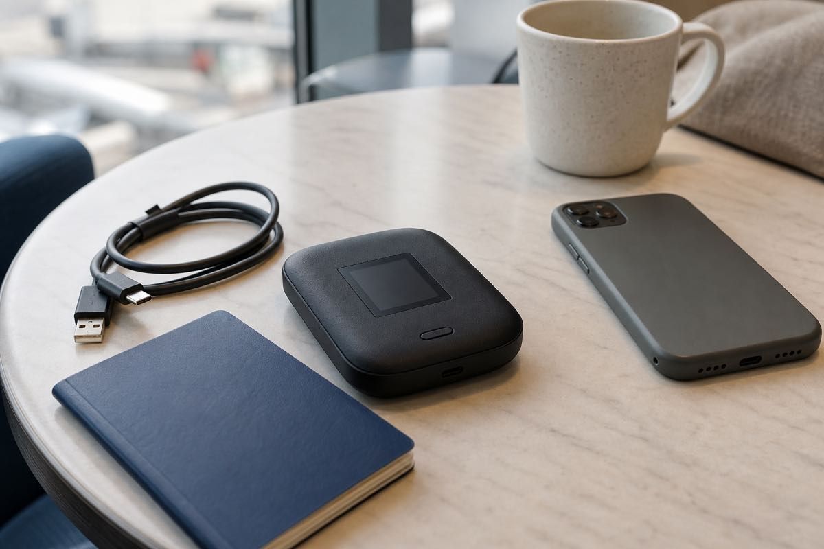 An unbranded pocket WiFi router beside a phone and charging cable on an airport lounge table