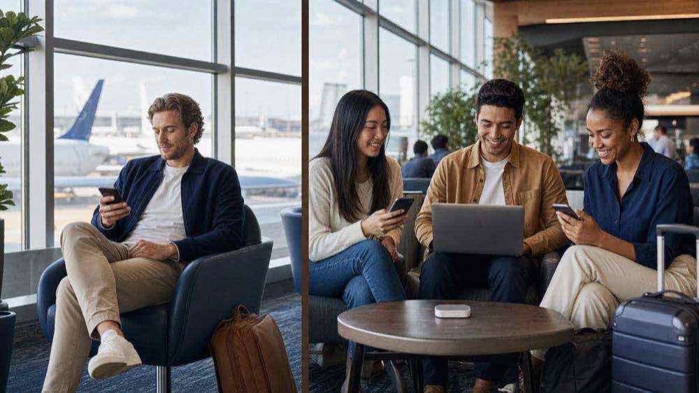 A solo traveler using a phone beside a group sharing one pocket WiFi router