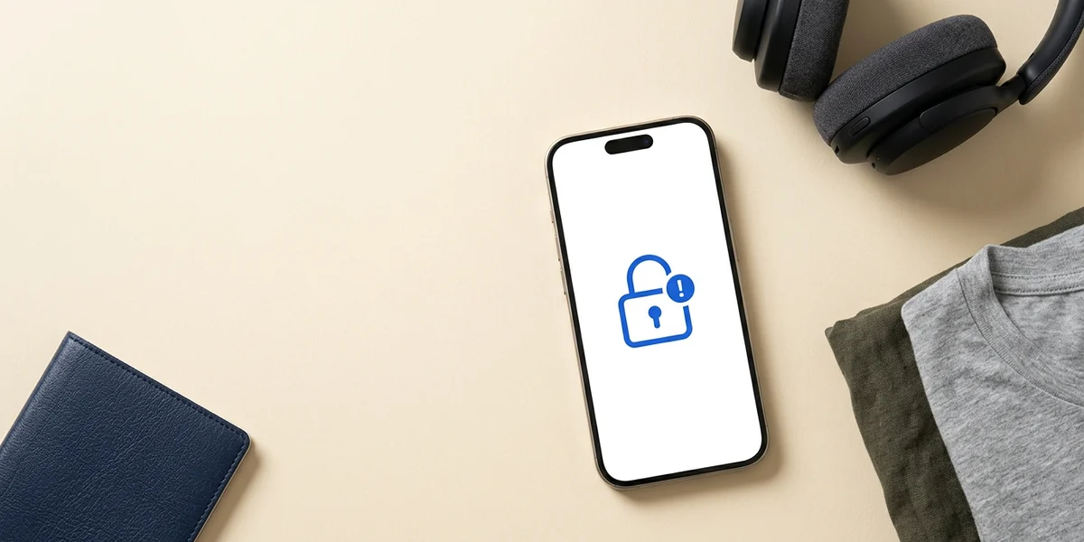 A phone among packed travel things, its screen showing a padlock icon with a warning badge