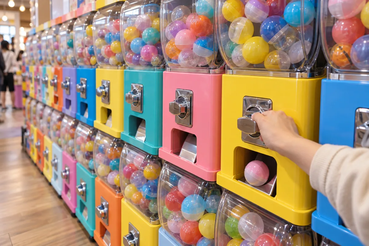 A traveller's hand turning the handle of a capsule-toy machine in a long wall of colourful machines, a pastel capsule dropping into the tray