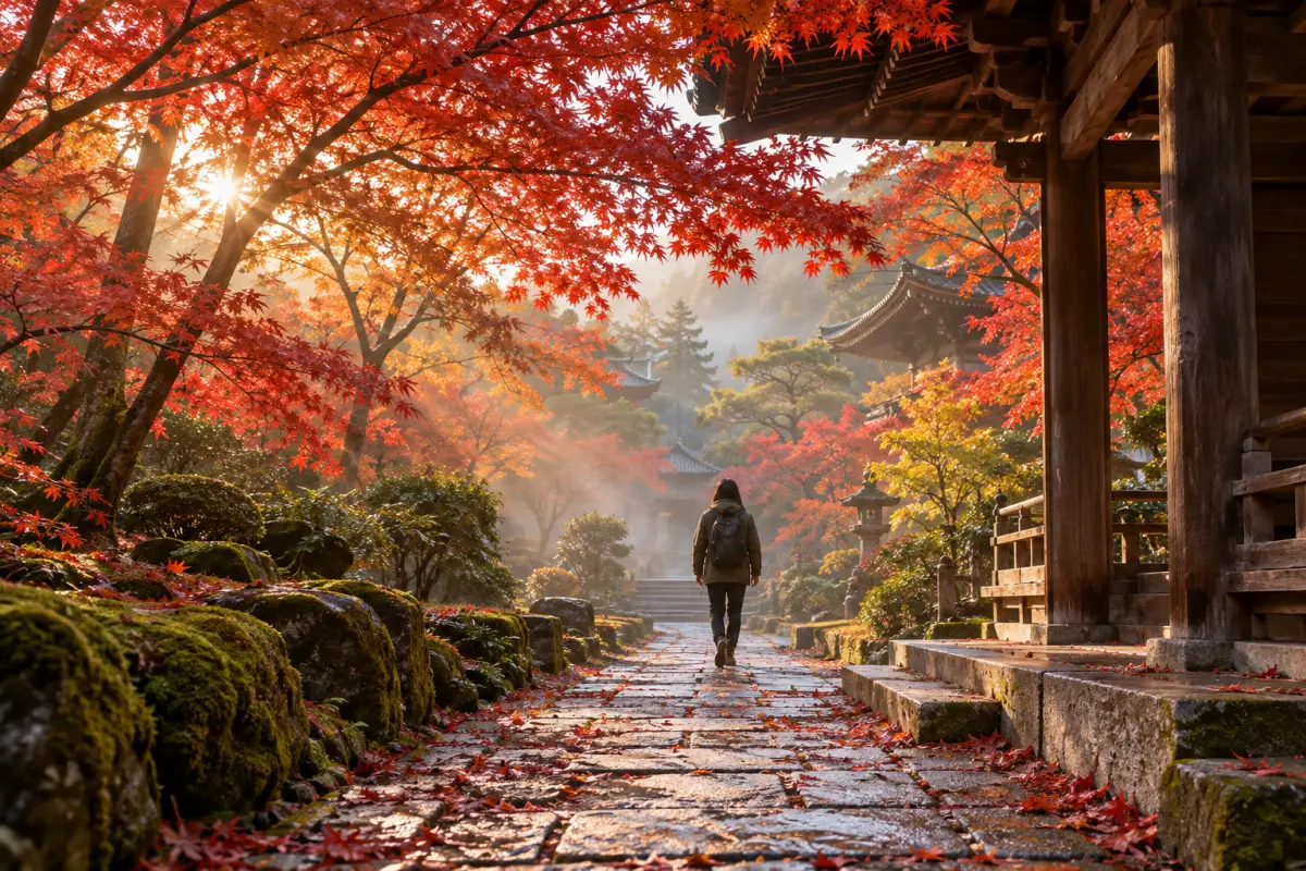 A traveller with a small backpack walking a stone temple path in Kyoto under red and orange maples in early morning mist
