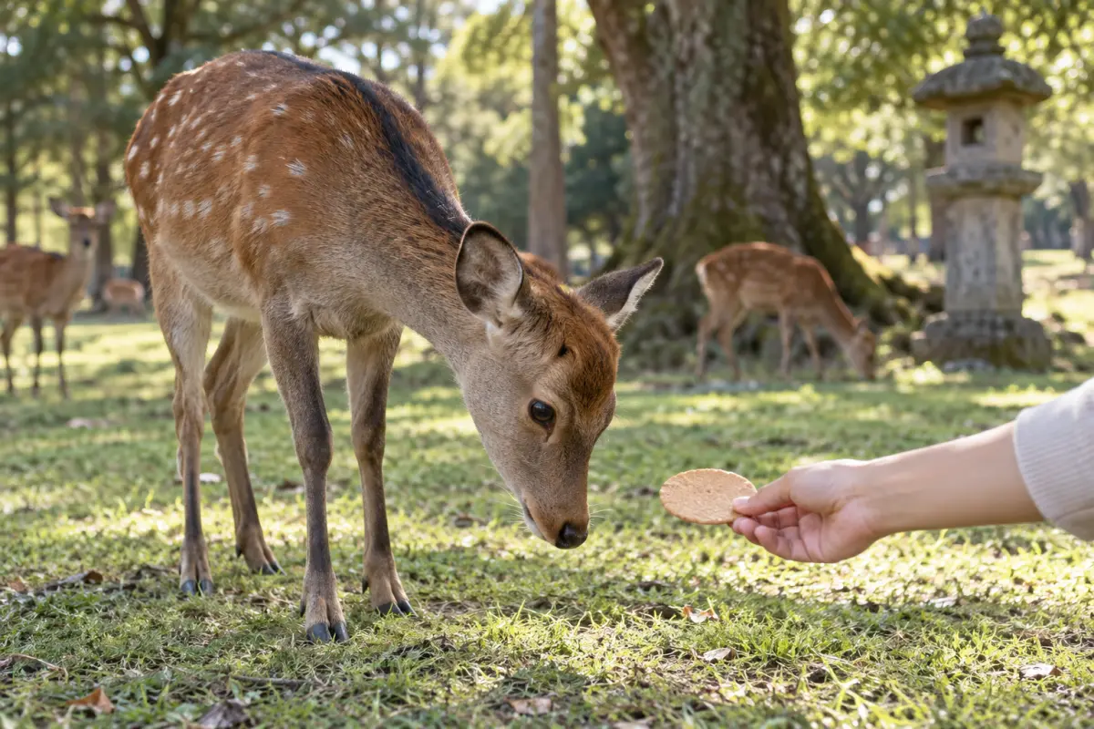 A sika deer in Nara Park lowering its head toward a visitor's hand holding out a round deer cracker, with more deer and a stone lantern among old trees behind