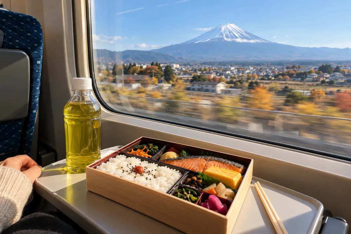 An open station lunch box of rice, grilled salmon, rolled omelette and pickles on a bullet train tray table, with snow-capped Mount Fuji in the window